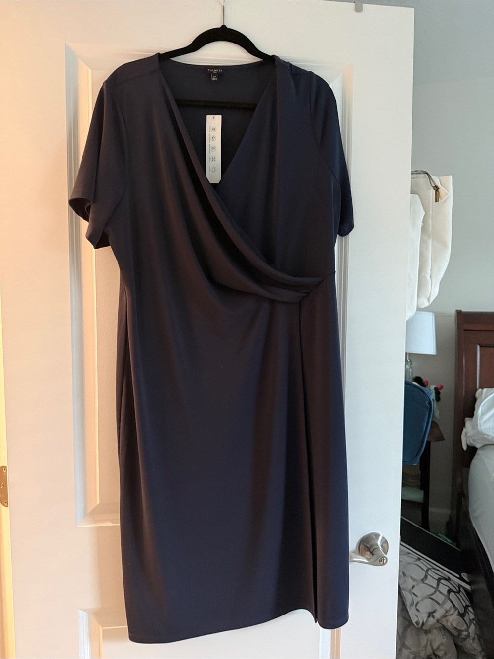 Talbots Navy Faux-Wrap Short Sleeve Midi Dress
